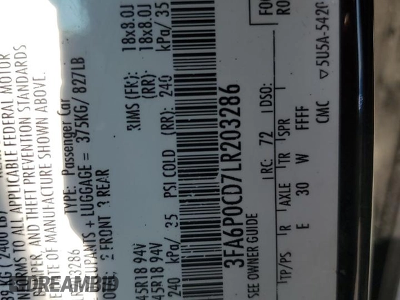 2020 Ford Fusion SEL with VIN 3FA6P0CD7LR203286, listed as a Copart auction lot 63454335 with 147,252 mi miles and Clean title. Bid and sale history available at DreamBid. Image 12.