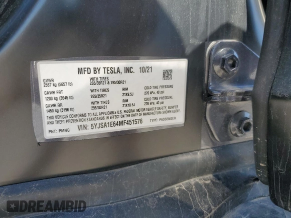 2021 Tesla Model S Plaid с VIN 5YJSA1E64MF451576, выставлен на аукционе Copart как лот 45425625 с пробегом 40 563 миль миль и Списание • Salvage title. История ставок и продаж доступна на DreamBid. Изображение 14.