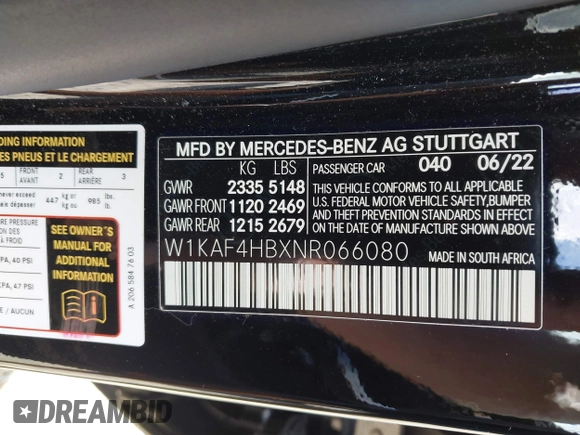 2022 Mercedes-Benz C 300 with VIN W1KAF4HBXNR066080, listed as a IAAI auction lot 42189237 with 42,666 mi miles and . Bid and sale history available at DreamBid. Image 9.