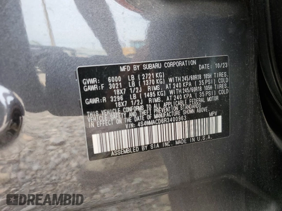 2024 Subaru Ascent Premium with VIN 4S4WMACD6R3400963, listed as a Copart auction lot 72972384 with Not provided miles and Salvage title. Bid and sale history available at DreamBid. Image 13.