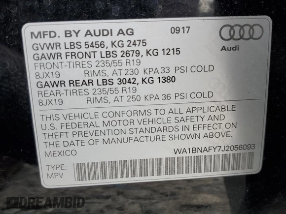 2018 Audi Q5 Premium Plus with VIN WA1BNAFY7J2056093, listed as a Copart auction lot 69822892 with 66,752 mi miles. Bid and sale history available at carsss.com. Image 14.