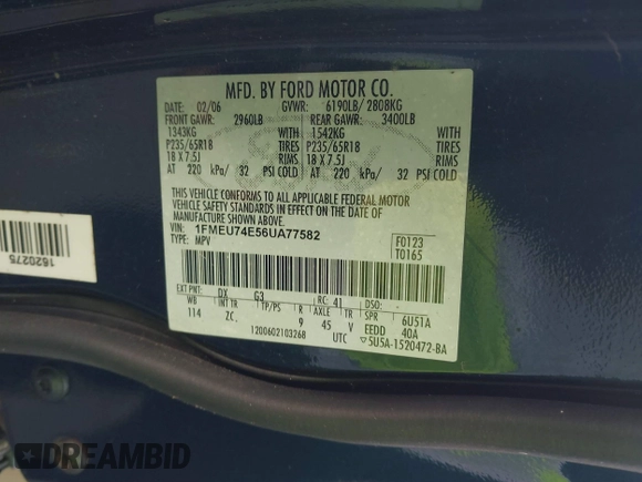 2006 Ford Explorer Eddie Bauer with VIN 1FMEU74E56UA77582, listed as a IAAI auction lot 41846582 with 231,160 mi miles. Bid and sale history available at carsss.com. Image 9.