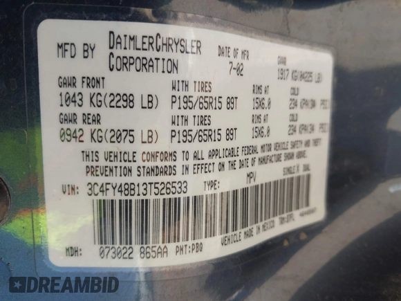 2003 Chrysler PT Cruiser with VIN 3C4FY48B13T526533, listed as a IAAI auction lot 42002527 with 115,364 mi miles. Bid and sale history available at carsss.com. Image 9.