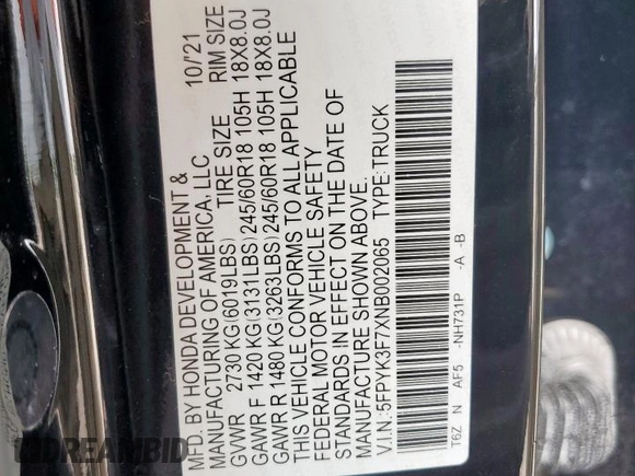 2022 Honda Ridgeline RTL-E z VIN 5FPYK3F7XNB002065, wystawiony jako Copart lot #62134335 z przebiegiem 73 934 mil mil oraz Szkoda całkowita • Salvage title. Historia ofert i sprzedaży dostępna na DreamBid. Obrazek 12.