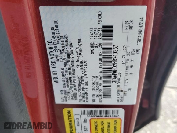 2017 Ford Fusion SE with VIN 3FA6P0HD2HR240357, listed as a Copart auction lot 57470115 with 106,987 mi miles and Salvage title. Bid and sale history available at DreamBid. Image 12.