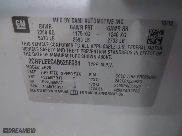 2011 Chevrolet Equinox LT w/1LT with VIN 2CNFLEEC4B6258934, listed as a IAAI auction lot 41417929 with 164,672 mi miles. Bid and sale history available at carsss.com. Image 9.
