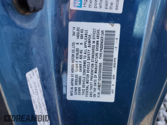 2014 Honda CR-Z with VIN JHMZF1D42ES002660, listed as a Copart auction lot 88472685 with 127,425 mi miles and Salvage Title. Bid and sale history available at DreamBid. Image 12.