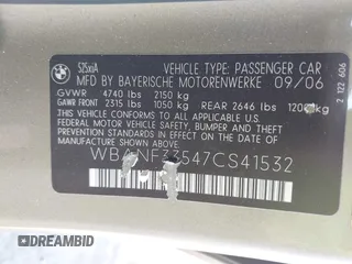 2007 BMW 5 Series with VIN WBANF33547CS41532, listed as a IAAI auction lot 42047518 with 217,725 mi miles and . Bid and sale history available at DreamBid. Image 9.