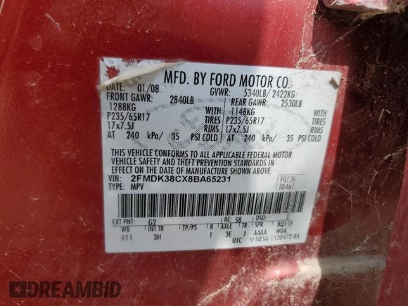 2008 Ford Edge SEL z VIN 2FMDK38CX8BA65231, wystawiony jako Copart lot #56114385 z przebiegiem 249 689 mil mil oraz Szkoda całkowita • Salvage title. Historia ofert i sprzedaży dostępna na DreamBid. Obrazek 13.