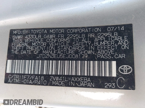 2014 Toyota Prius Two with VIN JTDZN3EU5EJ008179, listed as a IAAI auction lot 42374243 with Not provided miles and . Bid and sale history available at DreamBid. Image 9.