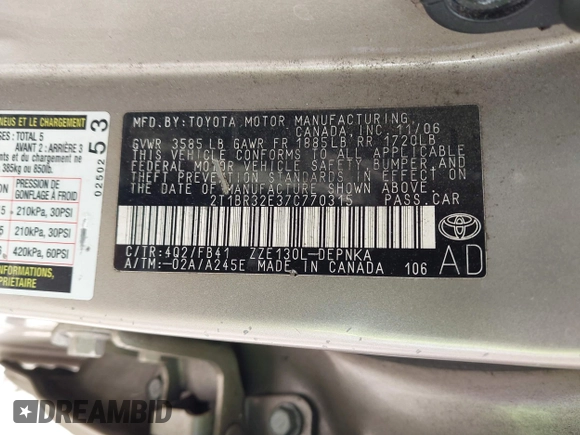 2007 Toyota Corolla CE with VIN 2T1BR32E37C770315, listed as a IAAI auction lot 42103811 with 154,962 mi miles and . Bid and sale history available at DreamBid. Image 9.