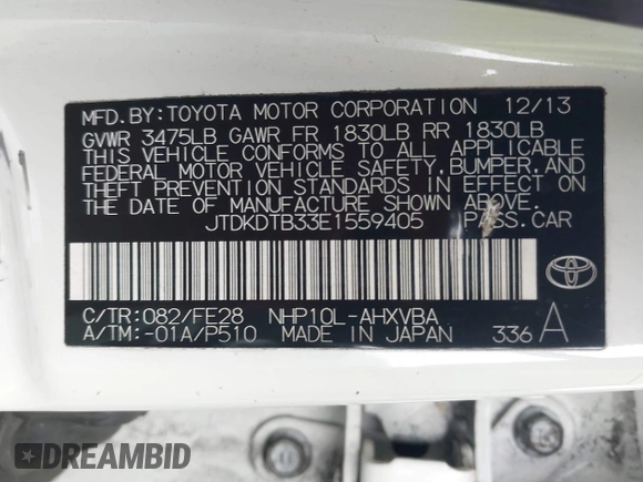 2014 Toyota Prius One z VIN JTDKDTB33E1559405, wystawiony jako IAAI lot #42499928 z przebiegiem 182 388 mil mil oraz . Historia ofert i sprzedaży dostępna na DreamBid. Obrazek 9.