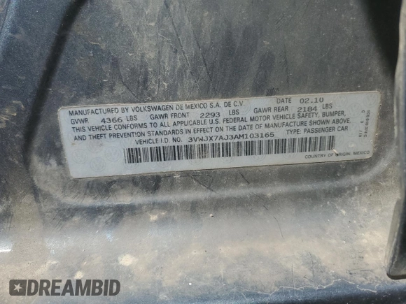 2010 Volkswagen Jetta S with VIN 3VWJX7AJ3AM103165, listed as a Copart auction lot 48771545 with 216,282 mi miles and Clean title. Bid and sale history available at DreamBid. Image 12.