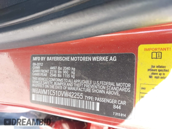 2013 BMW X1 28i z VIN WBAVM1C51DVW42255, wystawiony jako IAAI lot #42525744 z przebiegiem 108 644 mil mil oraz . Historia ofert i sprzedaży dostępna na DreamBid. Obrazek 9.