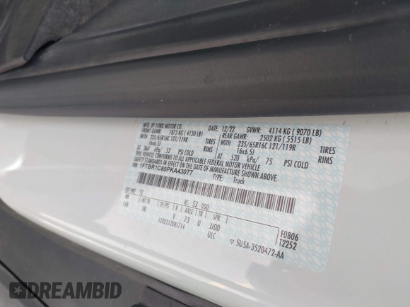 2023 Ford Transit Cargo with VIN 1FTBR1C80PKA43077, listed as a IAAI auction lot 40182475 with 15,656 mi miles and . Bid and sale history available at DreamBid. Image 9.