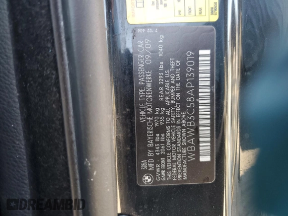 2010 BMW 3 Series 328i with VIN WBAWB3C58AP139019, listed as a Copart auction lot 78313884 with 0 mi miles and Salvage Title. Bid and sale history available at carsss.com. Image 12.