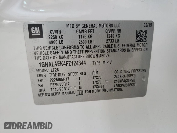 2015 Chevrolet Equinox LS with VIN 1GNALAEK4FZ124344, listed as a Copart auction lot 48676175 with 118,900 mi miles and Salvage Title. Bid and sale history available at DreamBid. Image 13.