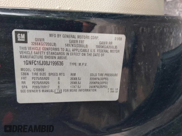 2008 Chevrolet Suburban 3LT with VIN 1GNFC16J08J199636, listed as a IAAI auction lot 42647109 with 201,233 mi miles and . Bid and sale history available at DreamBid. Image 9.