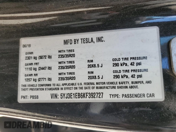 2019 Tesla Model 3 Long Range with VIN 5YJ3E1EB6KF392727, listed as a Copart auction lot 53343735 with 55,196 mi miles and Salvage Title. Bid and sale history available at DreamBid. Image 12.