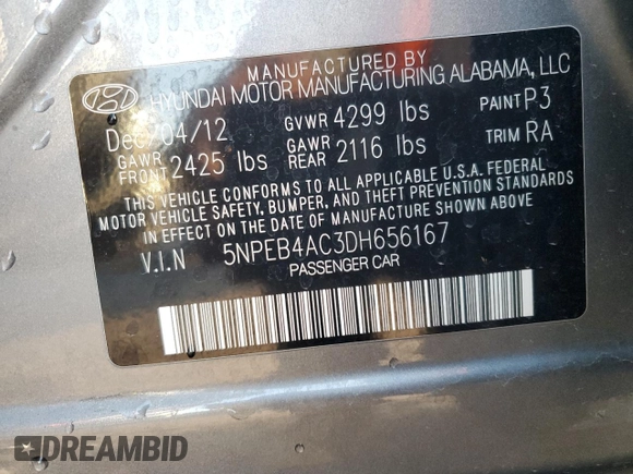 2013 Hyundai Sonata GLS with VIN 5NPEB4AC3DH656167, listed as a Copart auction lot 81725704 with Not Provided miles and Non Repairable. Bid and sale history available at carsss.com. Image 12.