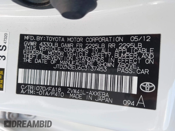 2012 Toyota Prius Two z VIN JTDZN3EU6C3137453, wystawiony jako IAAI lot #41889133 z przebiegiem 169 504 mil mil oraz . Historia ofert i sprzedaży dostępna na DreamBid. Obrazek 9.