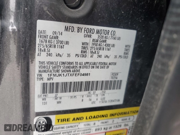2015 Ford Expedition Max XLT with VIN 1FMJK1JTXFEF04981, listed as a Copart auction lot 55827775 with 96,239 mi miles and Salvage title. Bid and sale history available at DreamBid. Image 13.