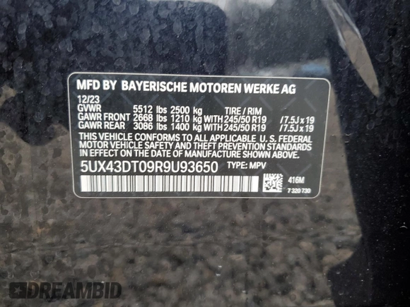2024 BMW X4 M40i z VIN 5UX43DT09R9U93650, wystawiony jako Copart lot #50173205 z przebiegiem Nie podano mil oraz Szkoda całkowita • Salvage title. Historia ofert i sprzedaży dostępna na DreamBid. Obrazek 15.
