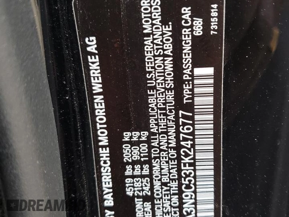 2015 BMW 4 Series 428i xDrive with VIN WBA3N9C53FK247677, listed as a Copart auction lot 45958615 with 79,114 mi miles and Salvage title. Bid and sale history available at DreamBid. Image 14.