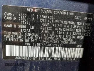 2021 Subaru Outback Premium with VIN 4S4BTAFC4M3229921, listed as a Copart auction lot 57970195 with 58,617 mi miles and Salvage title. Bid and sale history available at DreamBid. Image 14.