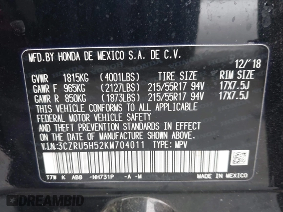2019 Honda HR-V EX with VIN 3CZRU5H52KM704011, listed as a IAAI auction lot 41616517 with 57,921 mi miles. Bid and sale history available at carsss.com. Image 9.