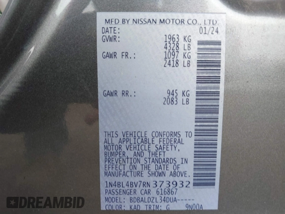2024 Nissan Altima S with VIN 1N4BL4BV7RN373932, listed as a IAAI auction lot 41918978 with 28,406 mi miles and . Bid and sale history available at carsss.com. Image 9.