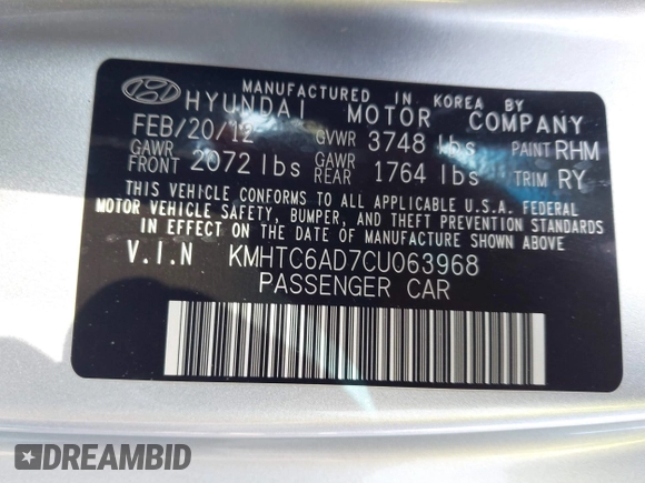 2012 Hyundai Veloster w/Black Int with VIN KMHTC6AD7CU063968, listed as a IAAI auction lot 41764263 with 83,634 mi miles and . Bid and sale history available at DreamBid. Image 9.