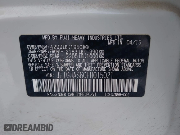 2015 Subaru Impreza Limited с VIN JF1GJAS60FH015021, выставлен на аукционе IAAI как лот 41620384 с пробегом 60 661 миль миль и . История ставок и продаж доступна на DreamBid. Изображение 9.