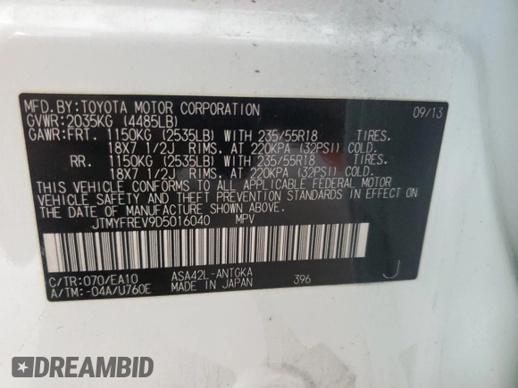 2013 Toyota RAV4 Limited with VIN JTMYFREV9D5016040, listed as a Copart auction lot 63259265 with 79,135 mi miles and Clean title. Bid and sale history available at DreamBid. Image 13.