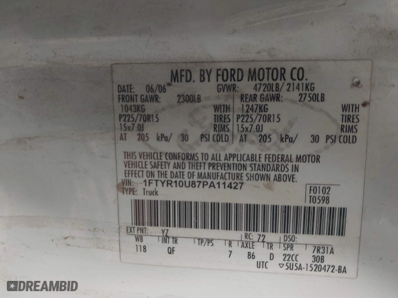 2007 Ford Ranger XL with VIN 1FTYR10U87PA11427, listed as a IAAI auction lot 41447141 with 897,486 mi miles. Bid and sale history available at carsss.com. Image 9.