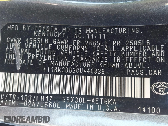 2012 Toyota Avalon z VIN 4T1BK3DB3CU440836, wystawiony jako IAAI lot #41816750 z przebiegiem 149 593 mil mil oraz . Historia ofert i sprzedaży dostępna na DreamBid. Obrazek 9.