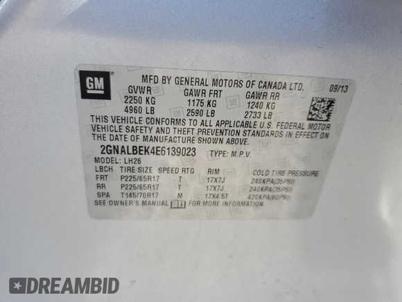 2014 Chevrolet Equinox LT with VIN 2GNALBEK4E6139023, listed as a Copart auction lot 54193345 with 171,853 mi miles and Non Repairable. Bid and sale history available at DreamBid. Image 13.