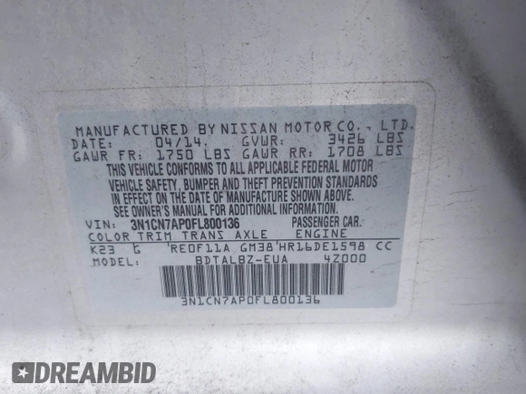 2015 Nissan Versa SV with VIN 3N1CN7AP0FL800136, listed as a IAAI auction lot 41889290 with 158,022 mi miles. Bid and sale history available at carsss.com. Image 9.