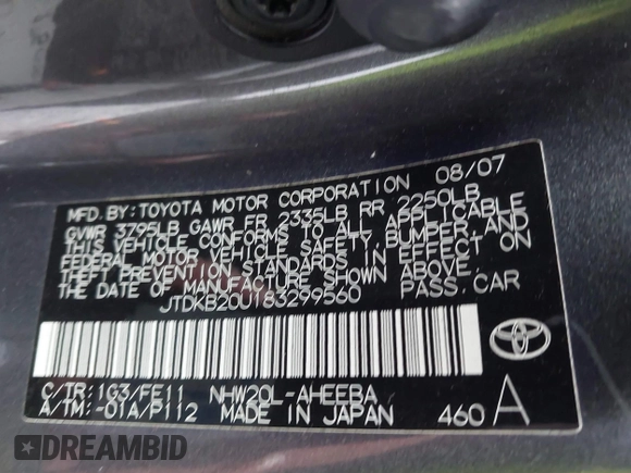 2008 Toyota Prius z VIN JTDKB20U183299560, wystawiony jako IAAI lot #41805405 z przebiegiem 131 160 mil mil oraz . Historia ofert i sprzedaży dostępna na DreamBid. Obrazek 9.