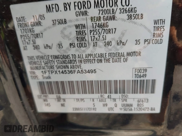 2006 Ford F-150 XLT with VIN 1FTPX14536FA53495, listed as a IAAI auction lot 42553129 with 156,609 mi miles and . Bid and sale history available at DreamBid. Image 9.