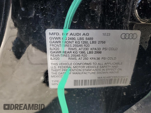 2024 Audi Q5 S line Premium Plus with VIN WA1EABFY5R2036077, listed as a Copart auction lot 80587784 with 6,047 mi miles and Salvage Title. Bid and sale history available at DreamBid. Image 13.