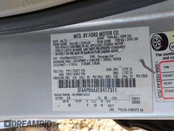 2012 Ford Fusion SE with VIN 3FAHP0HAXCR417311, listed as a IAAI auction lot 42548996 with 131,351 mi miles and . Bid and sale history available at DreamBid. Image 9.