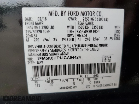 2018 Ford Explorer Platinum с VIN 1FM5K8HT1JGA94424, выставлен на аукционе Copart как лот 59155675 с пробегом 66 664 миль миль и Списание • Salvage title. История ставок и продаж доступна на DreamBid. Изображение 13.