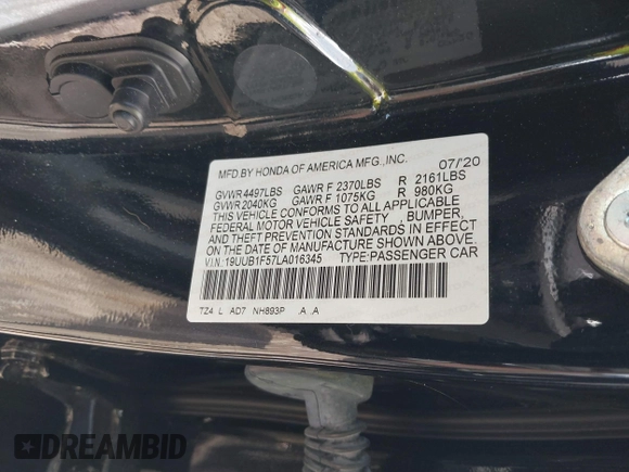 2020 Acura TLX w/Technology Pkg with VIN 19UUB1F57LA016345, listed as a IAAI auction lot 41661004 with 66,501 mi miles. Bid and sale history available at carsss.com. Image 9.