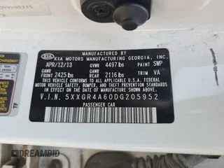 2013 Kia Optima SX with VIN 5XXGR4A60DG205952, listed as a Copart auction lot 63803755 with 177,008 mi miles and Salvage title. Bid and sale history available at DreamBid. Image 12.