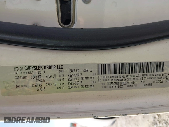 2015 Dodge Journey American Value Pkg with VIN 3C4PDCAB8FT605870, listed as a IAAI auction lot 41930474 with 205,741 mi miles. Bid and sale history available at carsss.com. Image 9.