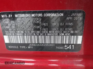 2019 Mitsubishi Outlander SE with VIN JA4AD3A32KZ050801, listed as a IAAI auction lot 42010844 with 72,710 mi miles and . Bid and sale history available at DreamBid. Image 9.