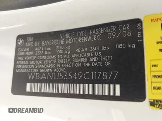 2009 BMW 5 Series 528i with VIN WBANU53549C117877, listed as a IAAI auction lot 41799090 with 191,675 mi miles and . Bid and sale history available at carsss.com. Image 9.