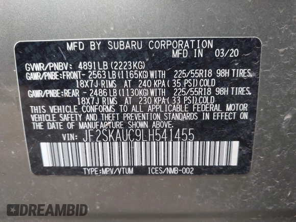 2020 Subaru Forester Limited with VIN JF2SKAUC9LH541455, listed as a IAAI auction lot 42201041 with 50,128 mi miles and . Bid and sale history available at DreamBid. Image 9.