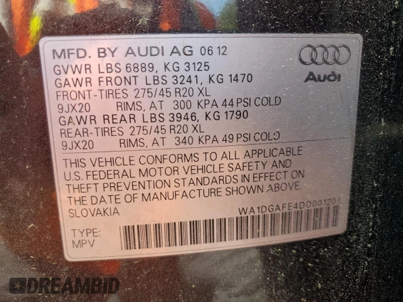 2013 Audi Q7 S line Prestige with VIN WA1DGAFE4DD001201, listed as a Copart auction lot 54495105 with 145,557 mi miles and Clean title. Bid and sale history available at DreamBid. Image 13.